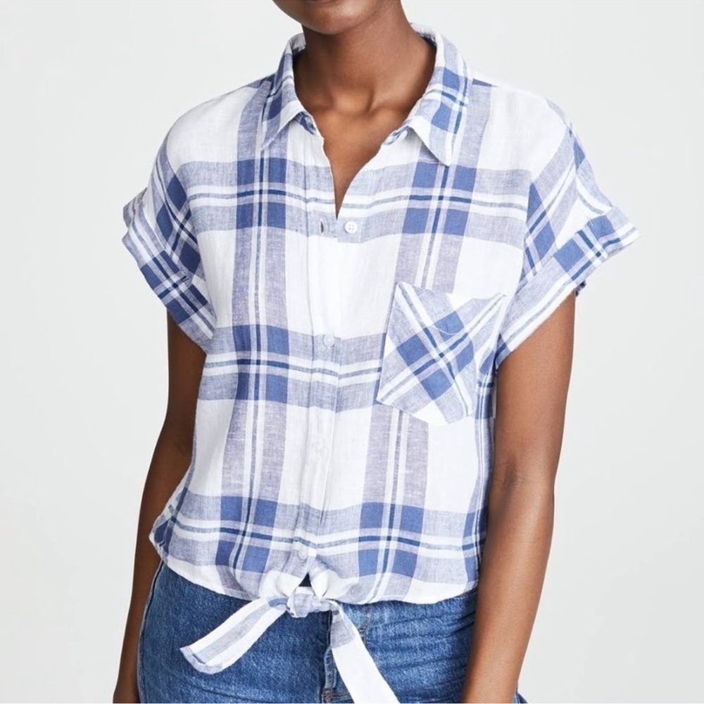 Rails Amelie Front Knit Short Sleeve Shirt Size M Women’s White Blue Plaid Print - Picture 1 of 10